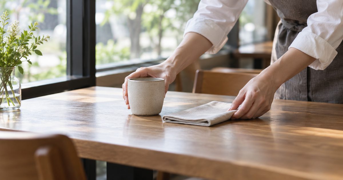 カフェのテーブルにカップを用意する手元