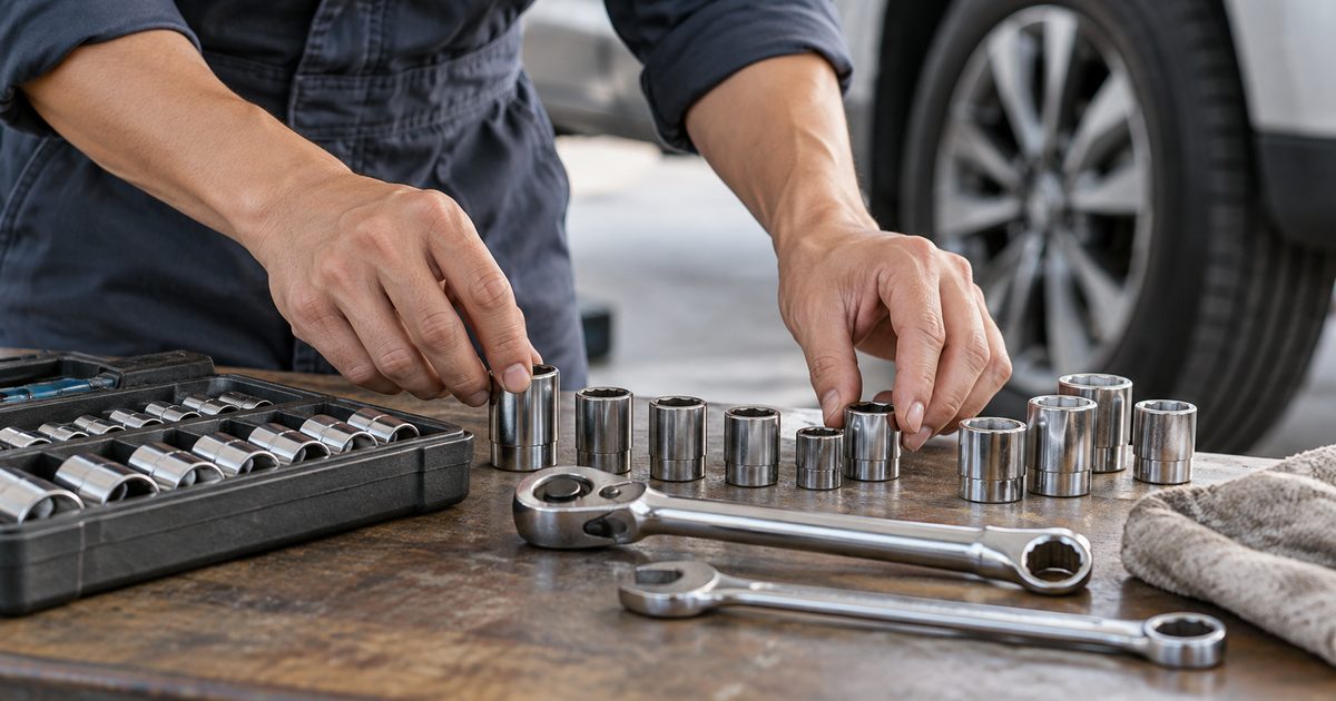 車の整備に使う工具をそろえる手元