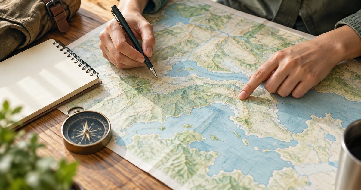 地図を見ながら旅行の行程を考える手元